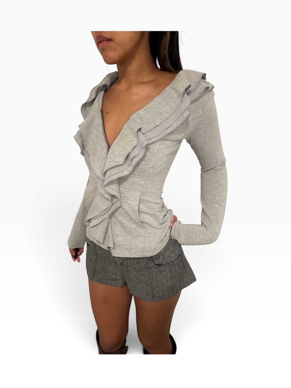 Ruffled V-Neck Long Sleeve Top - Light Gray